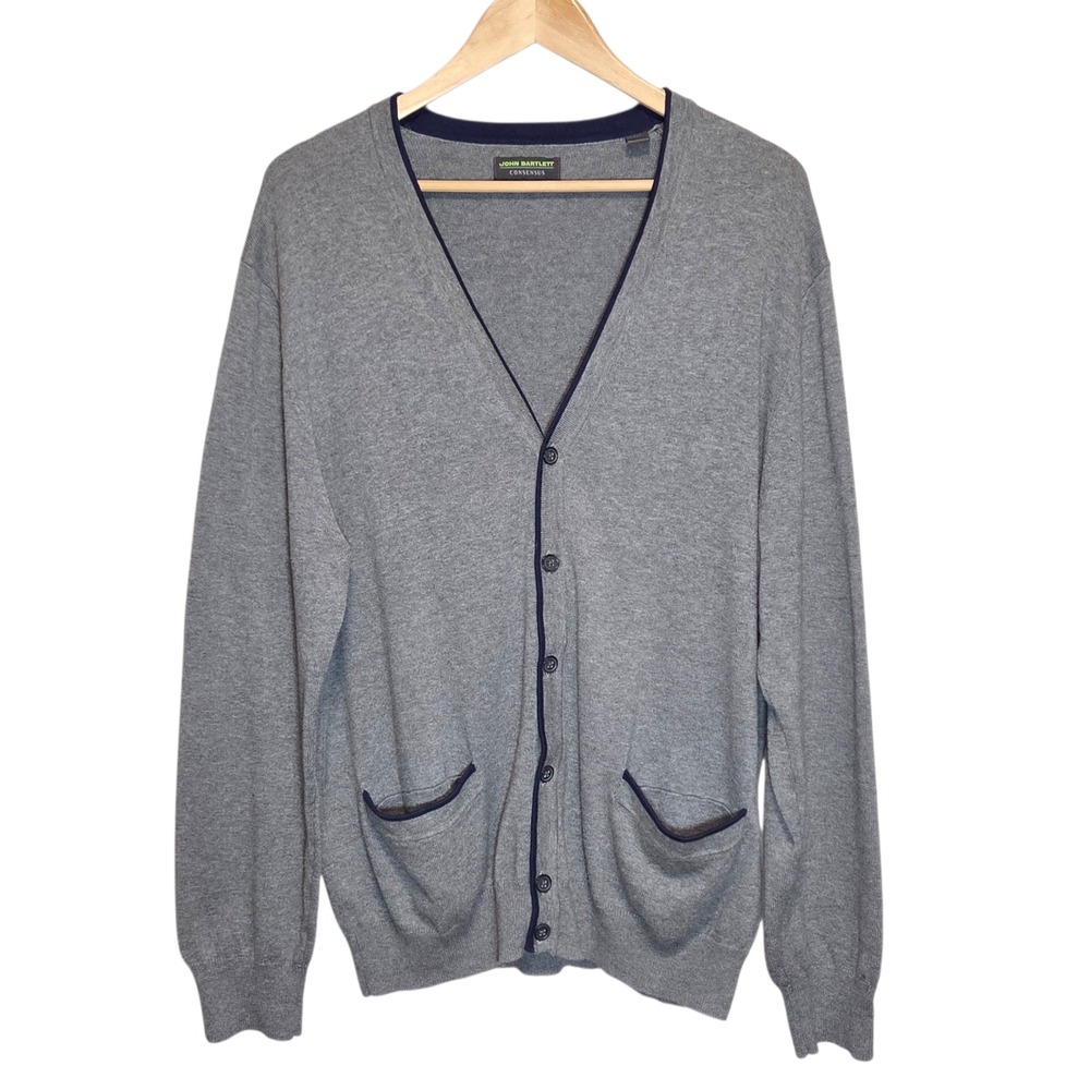 John Bartlett Mens Cardigan  Grey Cotton Preppy Sweater Navy‎ Trim Pockets XL